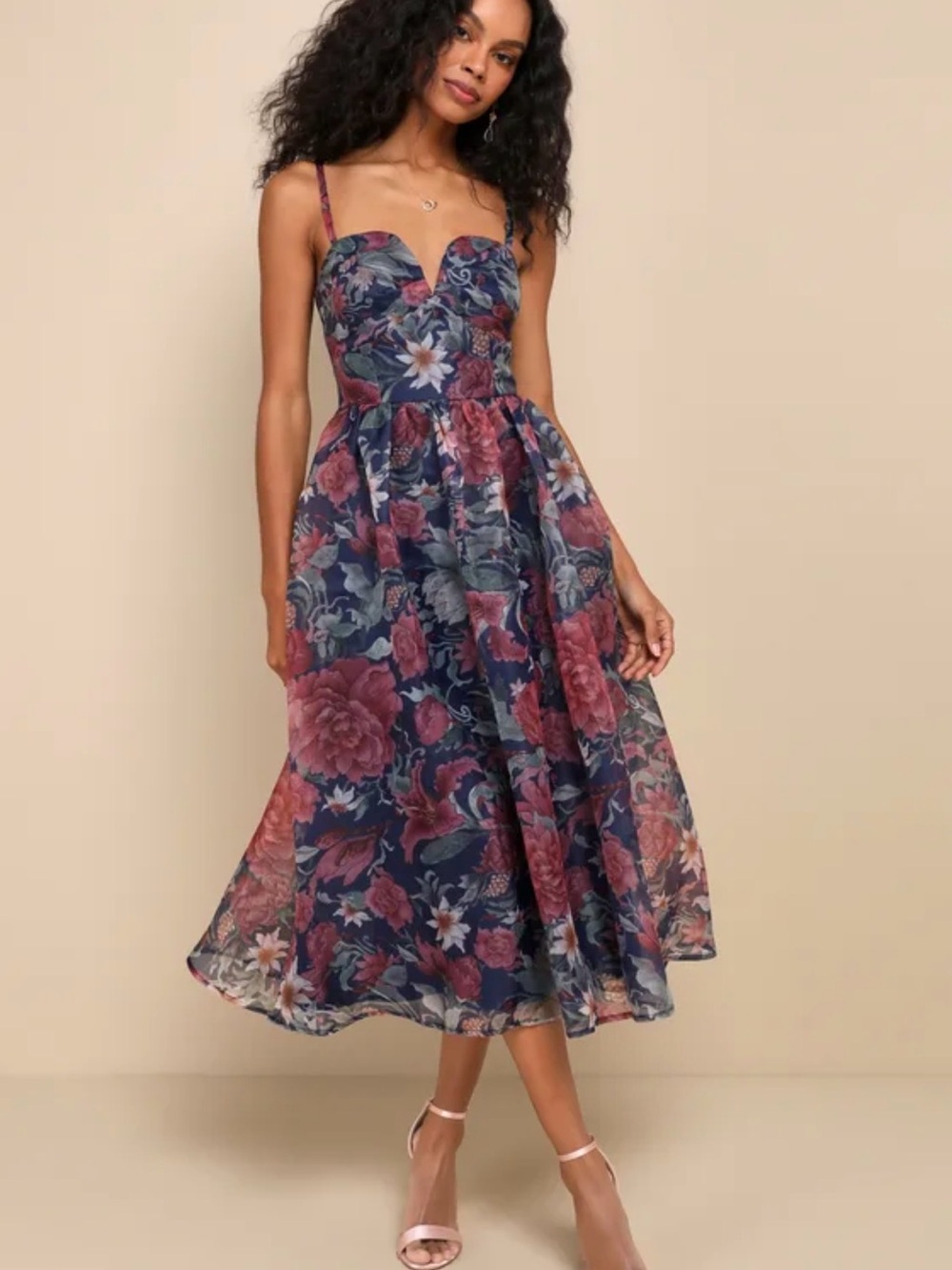 Lulu’s Cherished Aura Navy Floral Organza Bustier Midi Dress NWT XS Cottagecore